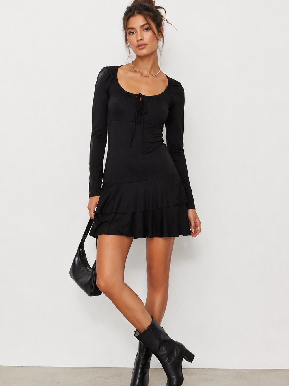MONKI Black Long Sleeve Ruffle Hem Mini Dress – Size S